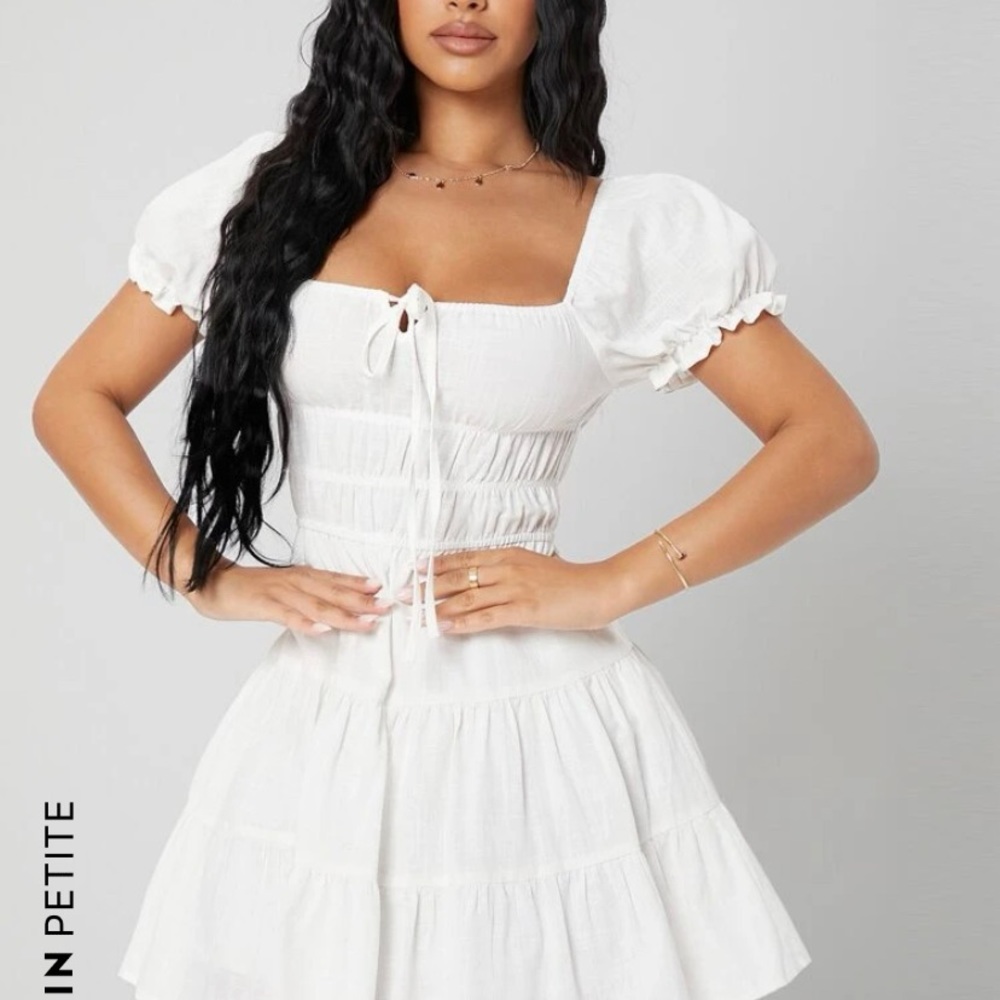 Shein puff sleeve tie front ruffle hem dress